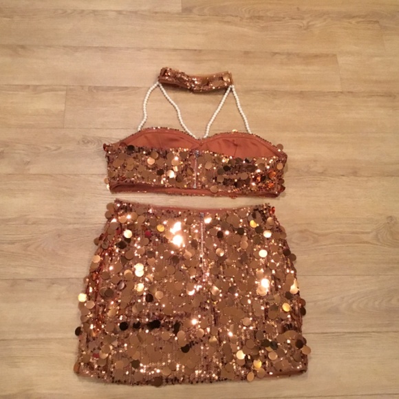 Women’s Sequin Dots Crop Top And Matching Mini Skirt Rave Nightclub Outfit - Picture 8 of 9